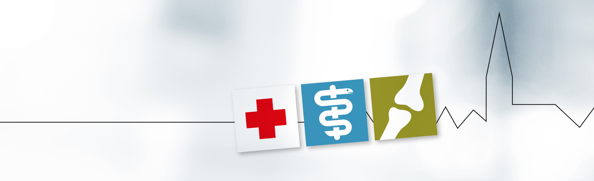 Logo des Ärztehaus Lauenburg mit der Skyline Lauenburgs, einem Icon mit rotem Kreuz, einem Icon mit Äskulapstab und einem Icon mit einem Knochengelenk