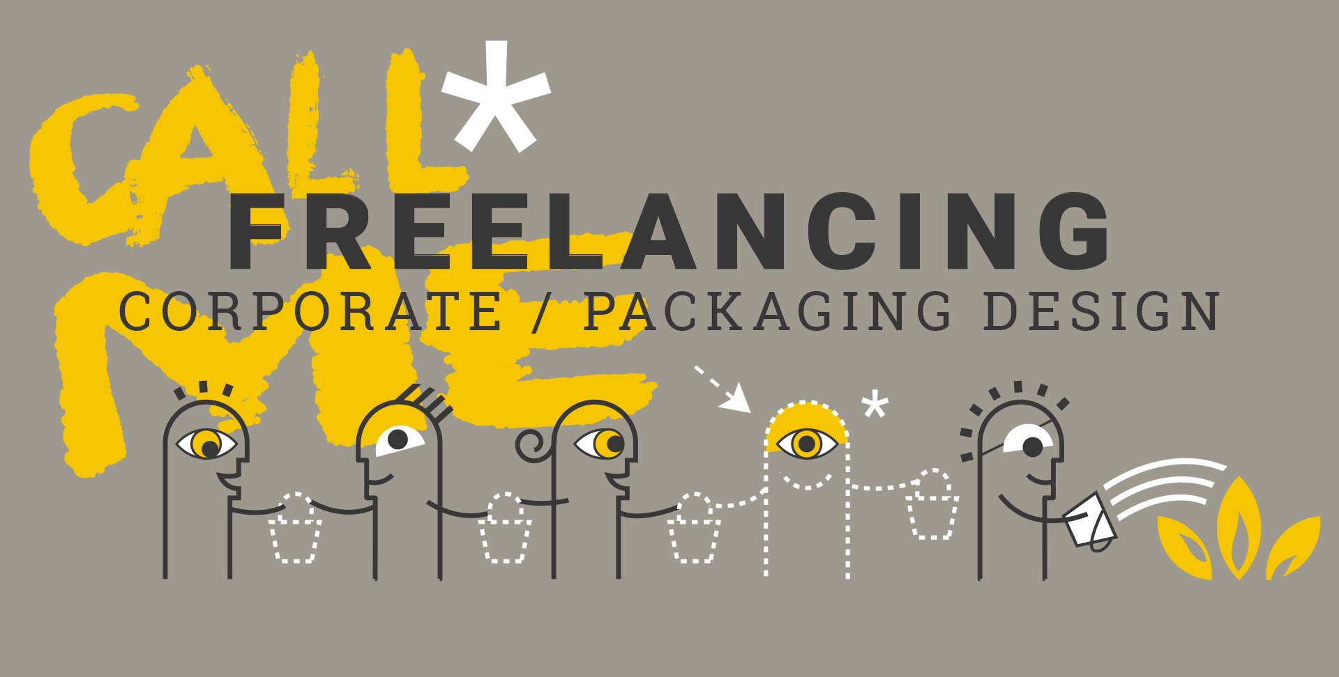 Freelancer für Designagenturen im Bereich Corporate und Packaging Design Schriftzug Freelancing Corporate / Packaging Design, darunter stilisierte Männchen, die eine Feuerwehrkette bilden, um ein Feuer zu löschen. Eines dieser Männchen ist als Platzhalter gestrichelt angedeutet.
