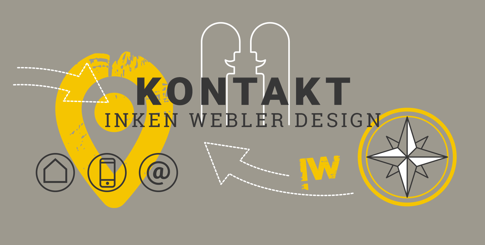 Suchen Sie Hilfe für Ihre Grafik- oder Webdesign-Projekte, kontaktieren Sie mich gern! Schriftzug Kontakt Inken Webler Design, darunter zwei Männchen, die miteinander kommunizieren, Kontakt-Icons, eine Windrose, ein Standort-Icon und das Logo IW