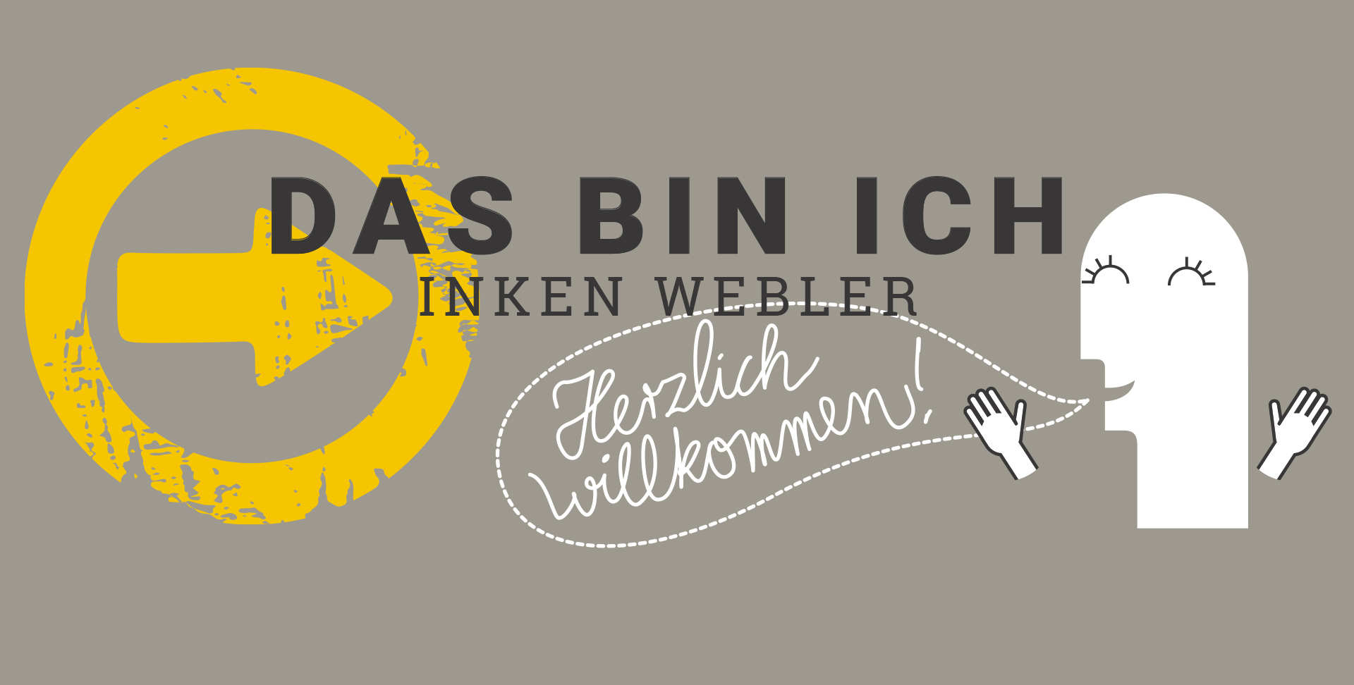 Grafikdesignerin Inken Webler Schriftzug Das bin ich - Inken Webler, darunter ein sich freuendes Männchen mit einer Sprechblase: Herzlich willkommen!