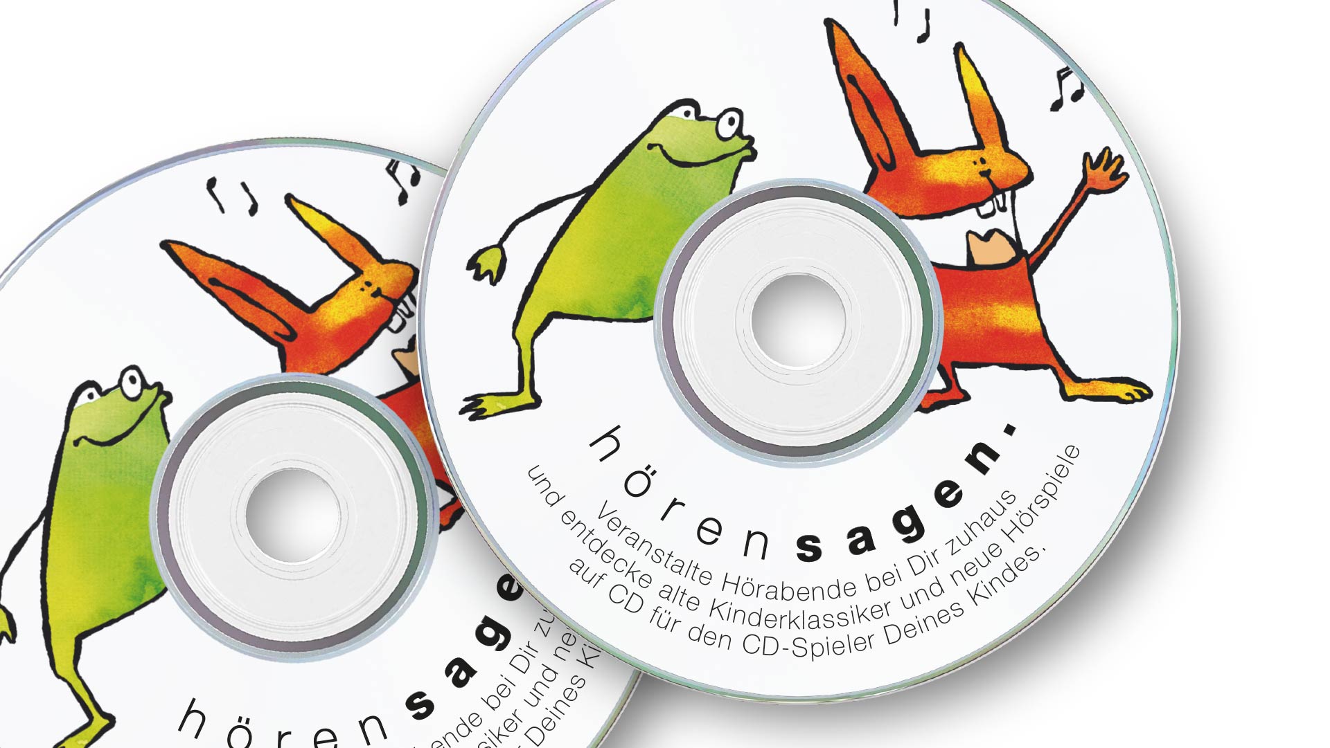Motiv Frosch und Hase auf einer CD, darunter erklärender Text zu dem Projekt hörensagen
