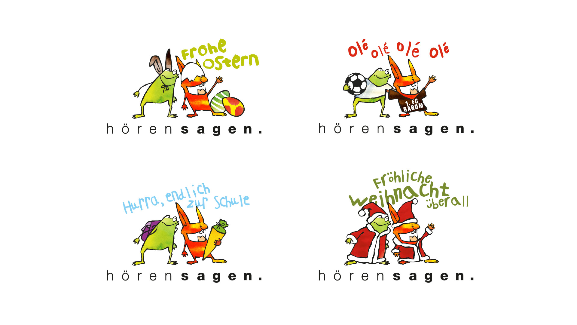 4 Logovarianten des Logos hörensagen zu diversen Anlässen - Ostern, Fussball-WM, Schulanfang und Weihnachten