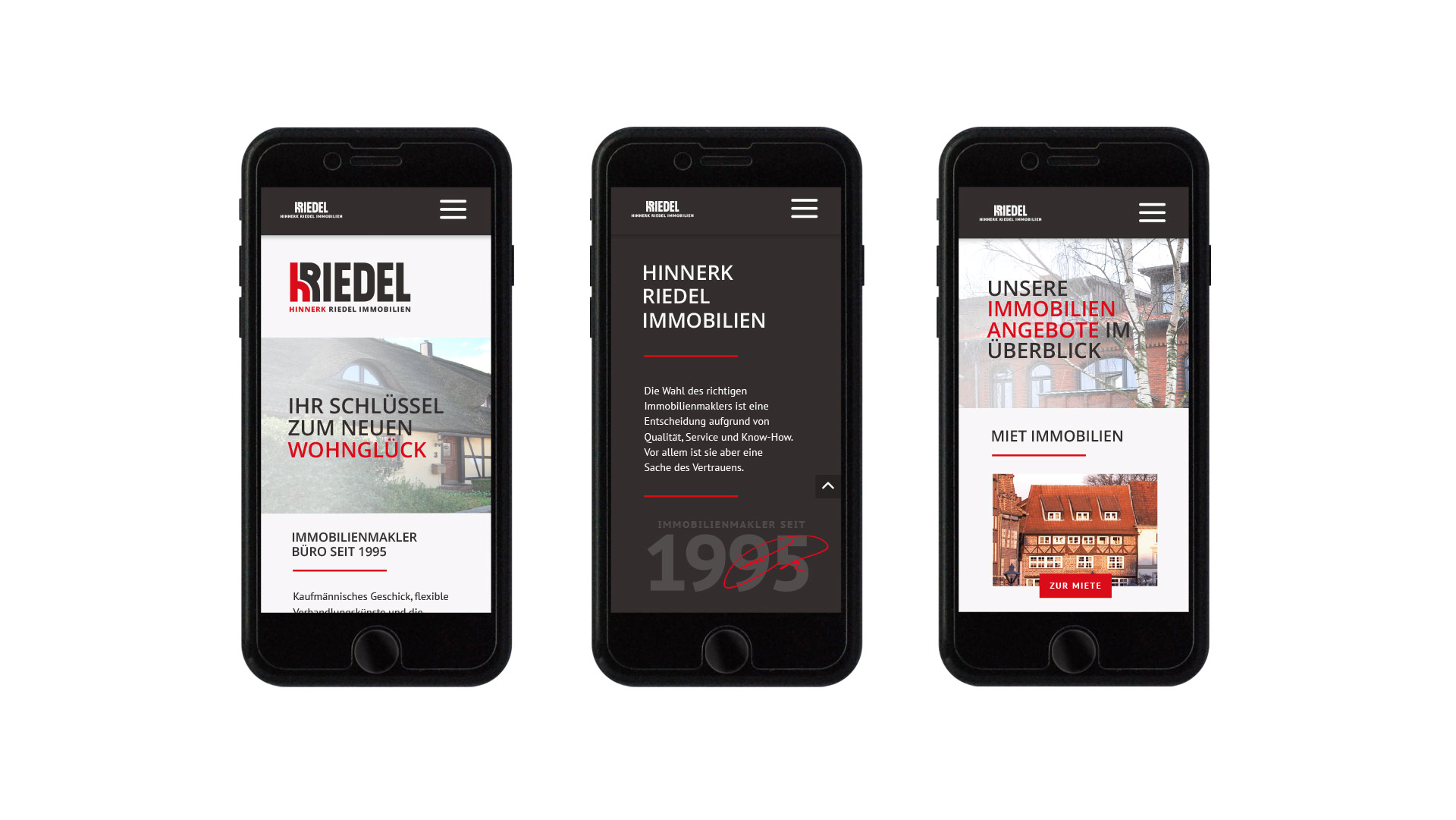 Smartphone-Ansichten der Website Hinnerk Riedel Immobilien