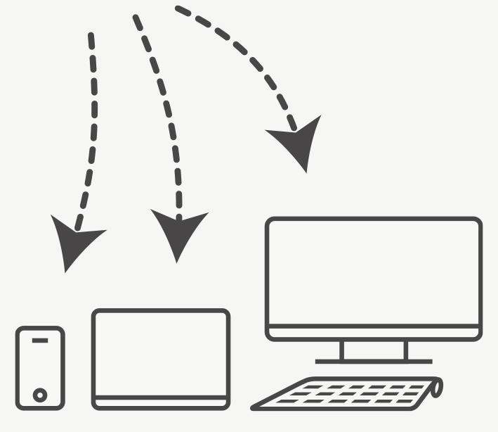 drei Pfeile, die auf je eine grafische Darstellung der drei Endgeräte Smartphone, Tablet und Rechner zeigen, zur Verdeutlichung der Arbeit für das responsive Webdesign