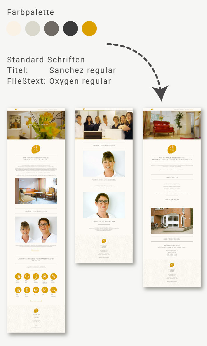 Darstellung einer symbolischen Farbpalette sowie Benennung von Standardschriften und Gestaltung dreier Homepage Seiten zur Veranschaulichung des Arbeitsschrittes